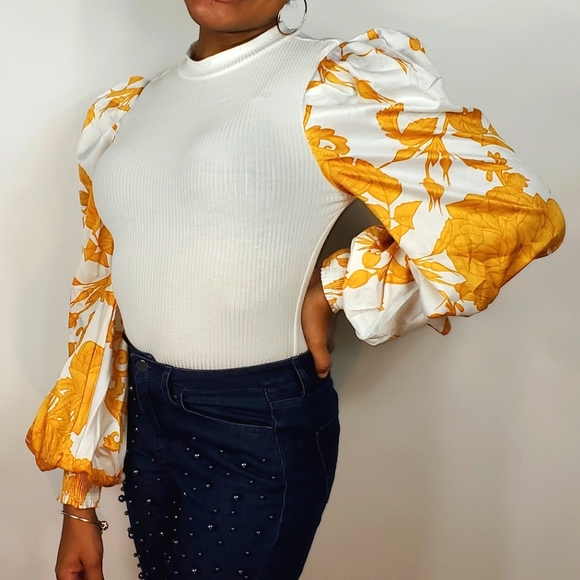 Mustard & White Mixed Fabric Knit Bodysuit - Picture 2 of 6